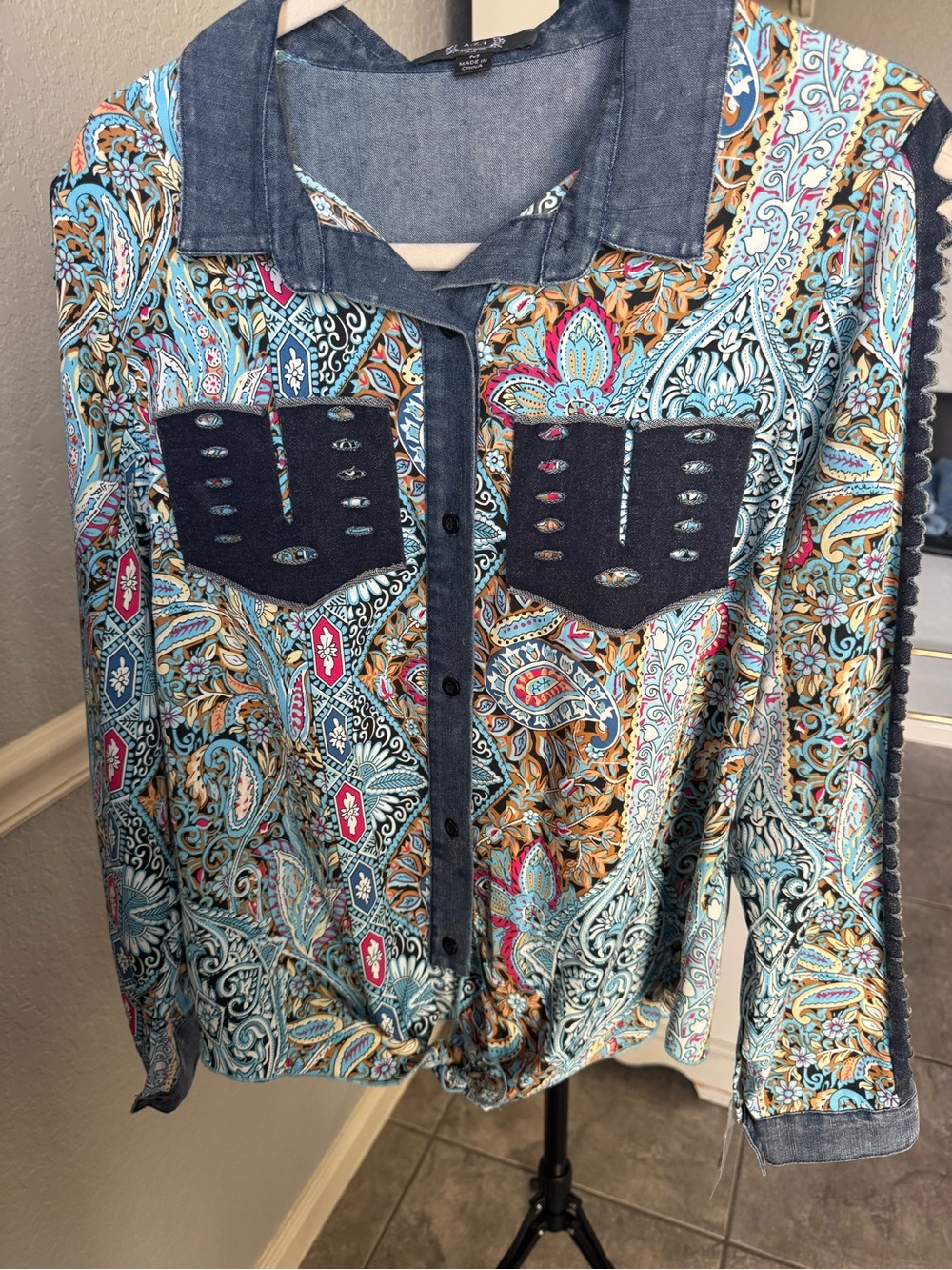 Girls' Paisley Print Button-Front Top with Denim Trim - Blue Multi- NWOT